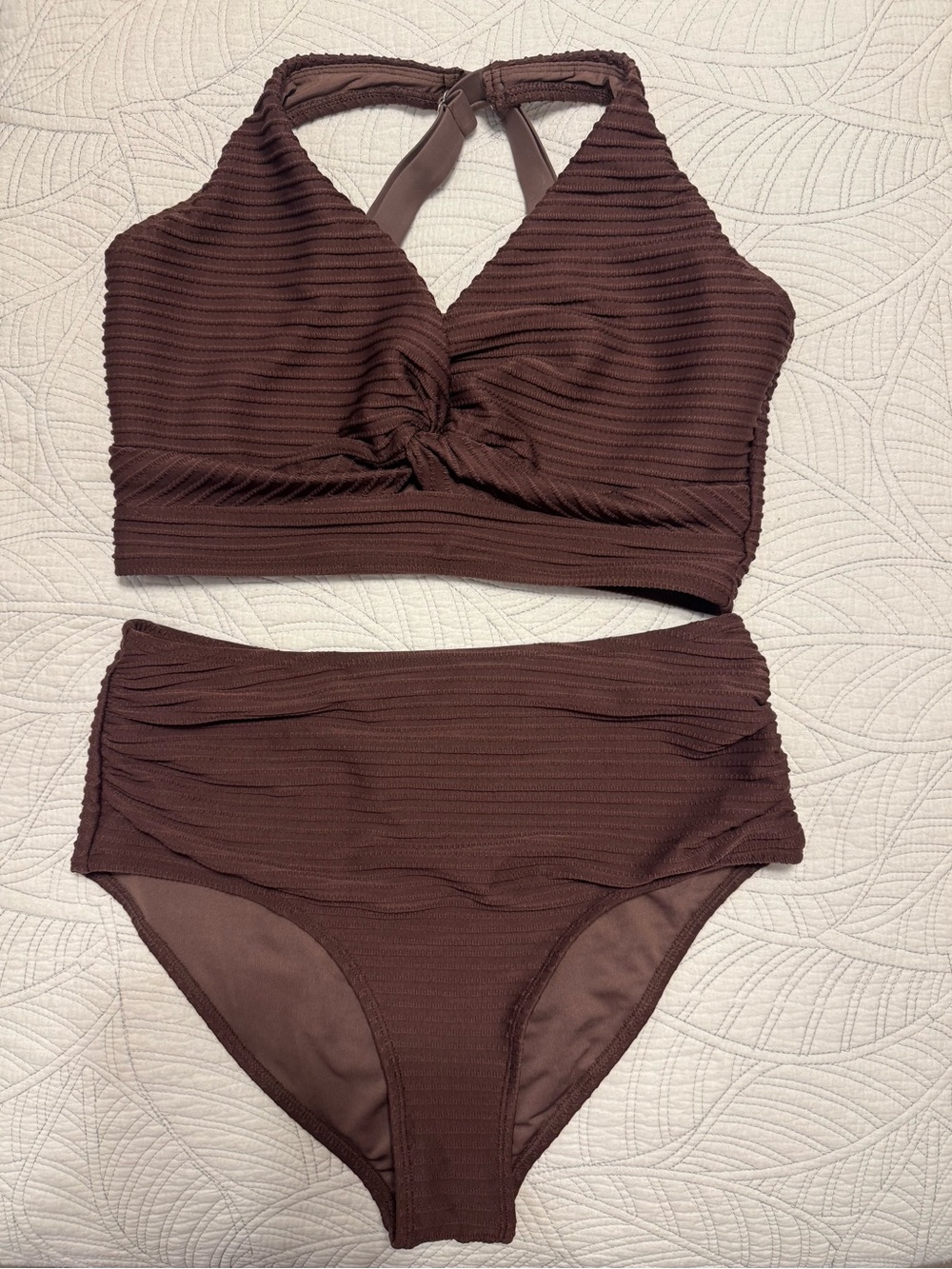 Worm once. Textured Brown High-Waist Bikini Set